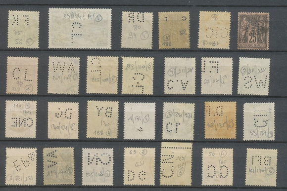 Lot de 27 timbres perforés dont rares. B/TB J334