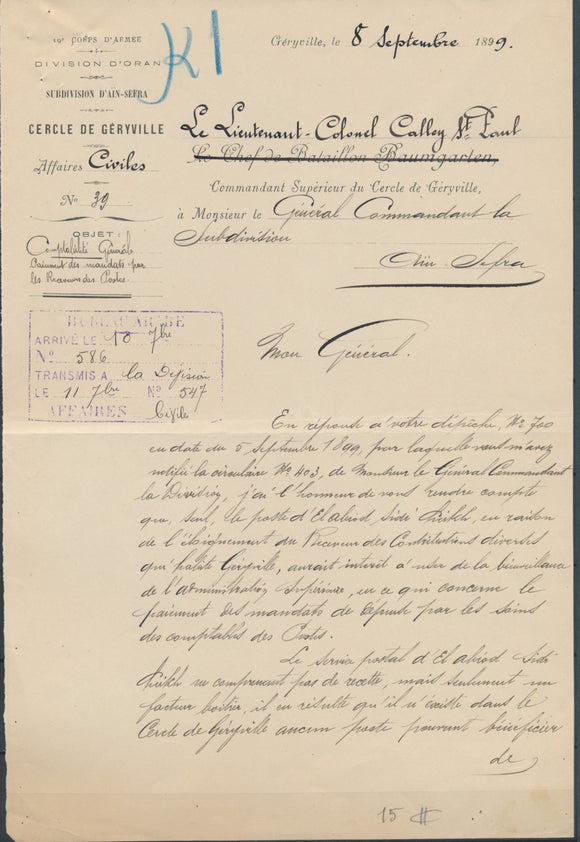 1899 Document signé Du Lieutenant Calley St Paul 10ème corps armée à Oran N1804