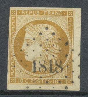 Timbre France Cérès N°1 10c bistre coin de feuille Obl. PC 1818 TB N3553