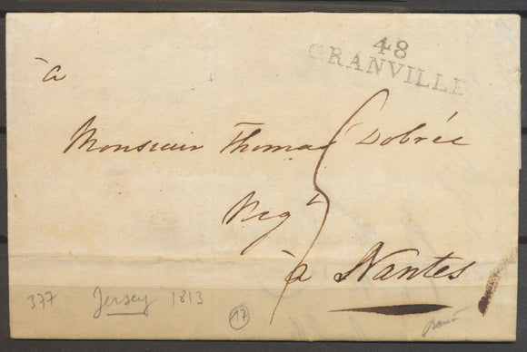 1813 lettre de JERSEY entrée maritime par 48/GRANVILLE. RARE N3653