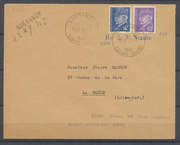 1945 Libération Lettre avec Pétain N°509 et 521A ILOT de ST-NAZAIRE P1873