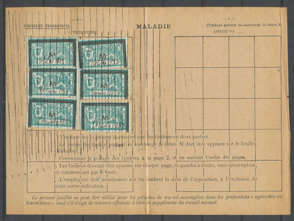 1933 Feuillet Assurances Sociales Type MERSON Surch M 6 timbres 36f P2589