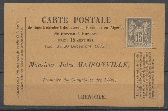 1877 CP Précurseur privée Fêtes du Club Alpin 15c SAGE N/U gris Neuf RR P2833