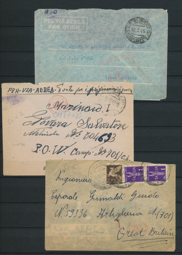 1944 Lot de 3 enveloppes de prisonniers Italien Pour l'angleterre Camp 701 P2968