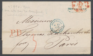 1872 Lettre de Hambourg pr Paris avec CAD Bleu Allemagne AVRNC. PARIS BLEU P3014