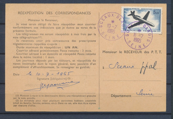 1965 carte Ordre de réexpédition des correspondances tarif à 5F PA N°40 P4310