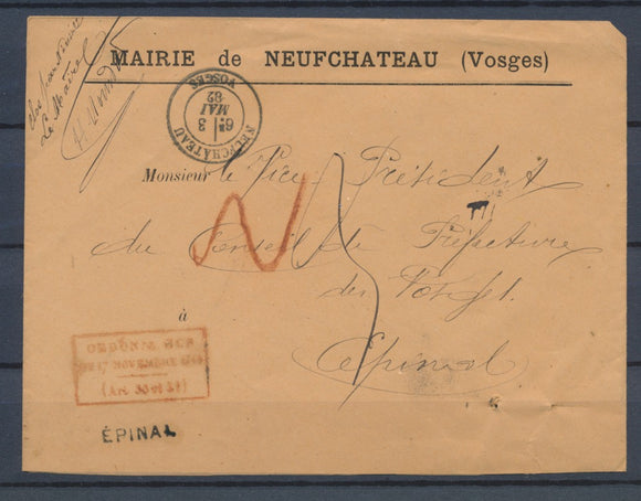 1882 Env. Epinal griffe Linéaire des mandats +T17 Neufchateau VOSGES(82) P4376