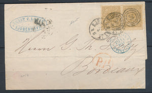 1876 DANEMARK Lettre paire 8s bistre-olive Obl Copenhague pr Bordeaux X1027