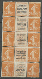Semeuse 25c. Brun-jaune BLOC DE 10 JANIPOLINE, 3 types, rare, Neuf** X1135