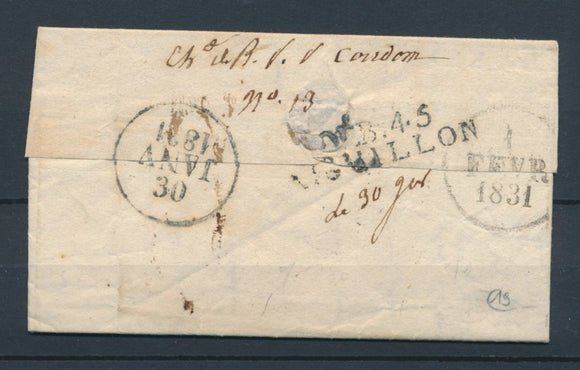 1831 Lettre déboursé DEB.45/AIGUILLON 38*9mm LOT&GARONNE(45) TB. X2729