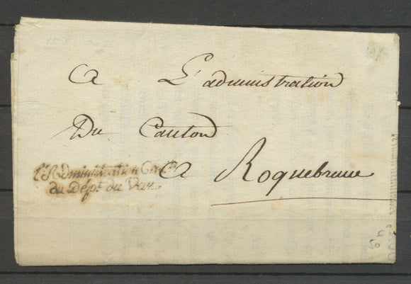 1798 Lettre en Franchise Griffe L'administration Ctrle du Dépt du VAR X2902