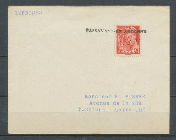 1940 Env. tarif imprimé Griffe de fortune PASSAVANT-EN-ARDONNE X3655