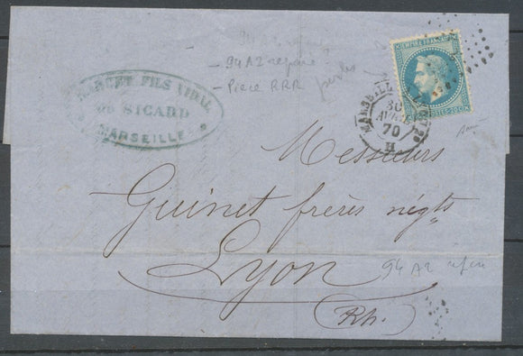 1870 Lettre Avec variété de planchage 94 A2 REPARE, n° 29 très rare, X4504