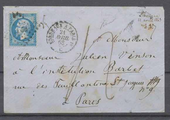 Env. Libourne/21 Avril 1863, 20c dentelé obl PB1° Paris à Bordeaux, Taxe 4 X4772