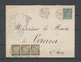 1889 Env. 15c Sage bleu, Taxe 15c dentelé noir bande de 3 (rare), Superbe X4803