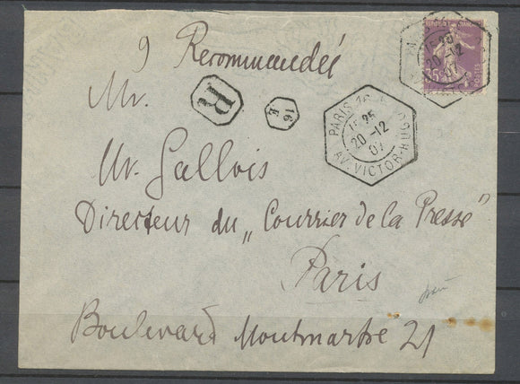 1907 Env. 35c violet obl grand càd hexagonal Paris 16/AV VICTOR HUGO, LR X4827