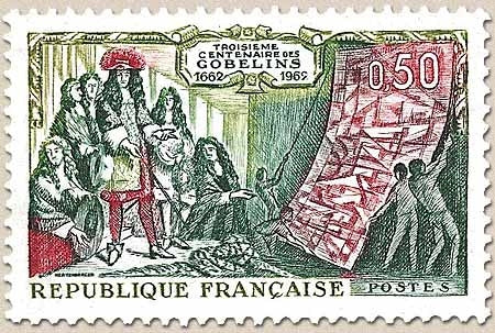 Tricentenaire de la manufacture des Gobelins. Louis XIV visitant la manufacture. 50c. Vert, rose et vert-bleu Y1343