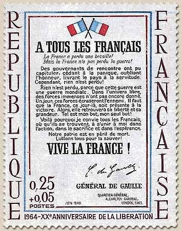 20e anniversaire de la Libération. L'affiche A tous les Français.  25c. + 5c. Carmin, bleu, rouge et noir Y1408