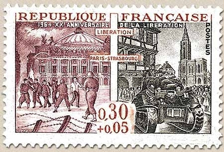 20e anniversaire de la Libération. Libération de Paris et de Strasbourg  30c. + 5c. Lie-de-vin, noir et rouge Y1410