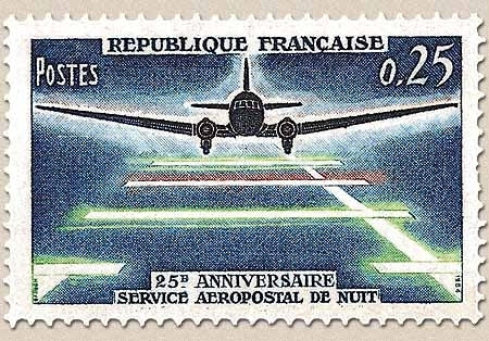 25e anniversaire du service aéropostal de nuit. Douglas DC-3  25c. Polychrome Y1418