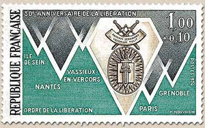 30e anniversaire de la Libération. Villes Compagnons de la Libération 1f. + 10c. Vert-émeraude, noir et sépia Y1797