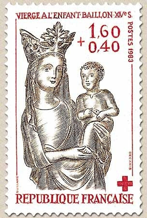 Au Profit de la Croix-Rouge. Sculptures en bois polychrome. Vierge à l'Enfant, Baillon, 16° siècle. 1f.60 + 40c. Y2295