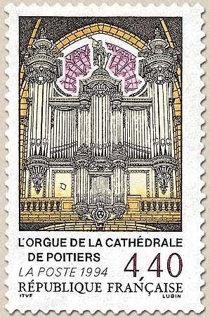 Bicentenaire de l'orgue de la cathédrale de Poitiers. Vue du buffet  4f.40 noir, jaune, lilas et brun-rouge Y2890