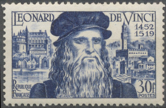 5e centenaire naissance Léonard de Vinci Autoportrait, Ambroise, vue de Florence 30f. Bleu-violet. Neuf luxe ** Y929