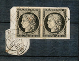 1849 France CERES Paire  N°3 20c noir Jaune Sur Fragment Obl Paris Sup F1005