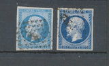 1854 France Classique N°14A 20c bleu  ciel et 14Aa 20c bleu foncé. TB F1028