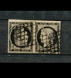 1849 France CERES Paire 3d 20c TETE BECHE noir sur jaune. TTB. RARE  F1066