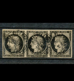 1849 France CERES Bande de 3 du  N°3 20c noir Jaune Du 4 Janvier 1849 RRR F1070