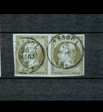1860 France Napoléon III paire N°11 1 c olive obl. Petit cachet à date TTB F1076