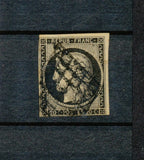 1849 France CERES N°3 20c noir sur Jaune Obl. grille.  F1098