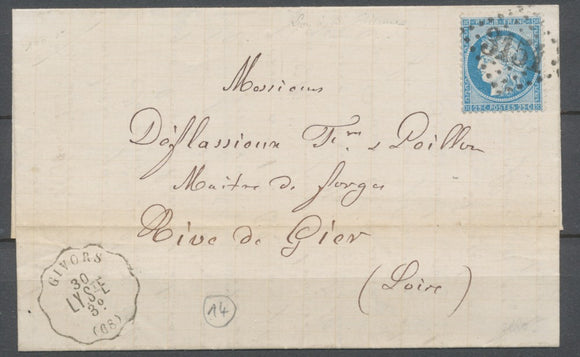 1872 Lettre N°60 Convoyeur station GIVORS, LY.StE  RHONE (68) obl GC3151 N3762