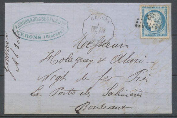 1876 Lettre N°60 Convoyeur station CERONS TOUL.BOR. GIRONDE (32) N3767