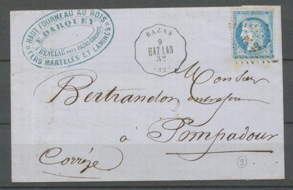 1873 Lettre N°60 Convoyeur station BAZAS BAZ.LAN. GIRONDE (32) N3768