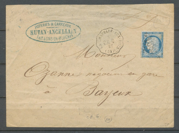 1875 Enveloppe N°60 Convoyeur station LA CHAPELLE-AUX-POTS CR.G. OISE (58) N3769