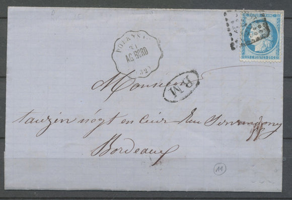 1873 Lettre N°60 Convoyeur station PODENSAC AG.BORD. GIRONDE (32) N3771