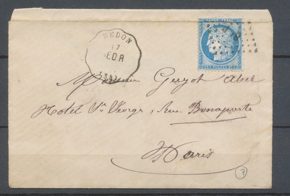 Enveloppe N°60 obl BtP Convoyeur station REDON RED.R. ILLE ET VILAINE (34)  N3775
