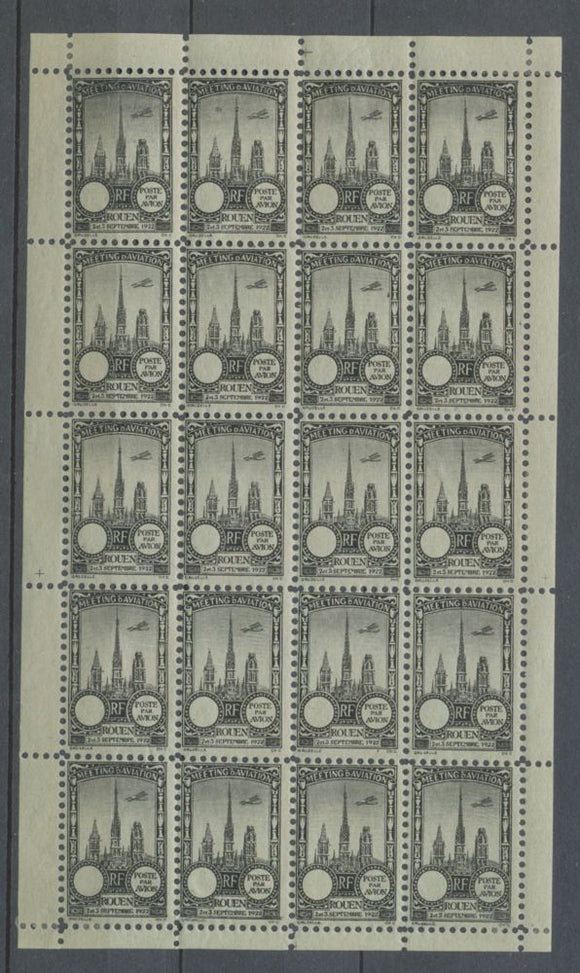 1922 Meeting a rien Rouen feuillet complet de 20 essais Neuf Vert Gris. N3866