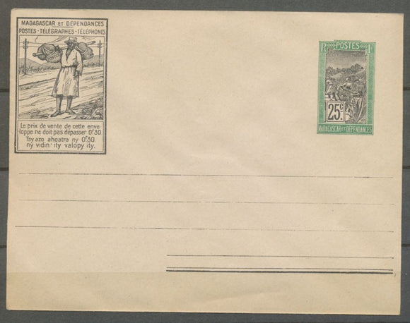 Madagascar Enveloppe Entier Postal 25c vert et noir.  TB N3901