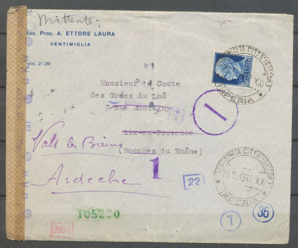 1943 Enveloppe avec censure d'Italie pour Aix en provence N3902