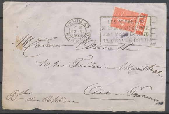 1928 Env. avec 50c semeuse publicité EVIAN pour Aix en provence N3903