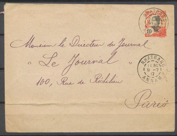 1917 Enveloppe Entier postal 10c rouge Obl NHATRANG ANNAM TB. N3904