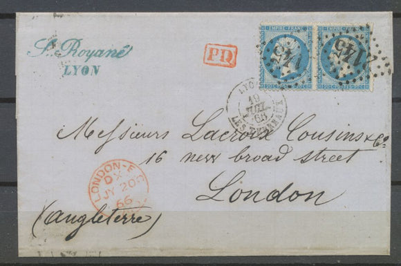 1866 Lettre avec Paire N°22 20c bleu + PD rge pour Londres. B.   N3907