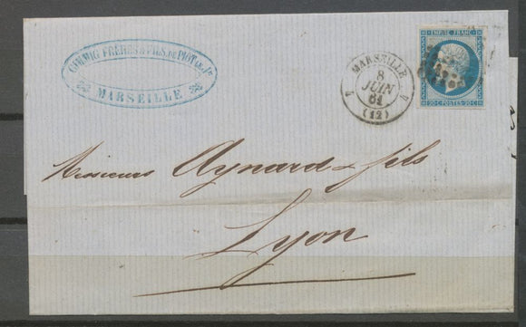1861 Lettre N°22 20C bleu CAD Marseille Route 4. TB N3908