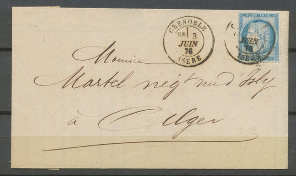 1876 Lettre N°60C 25c bleu CAD D10 de Grenoble pour Alger. TB N3909