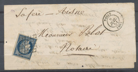 1851 Lettre N°4 25c Bleu très foncé obl Grille pour La Fère. N3911