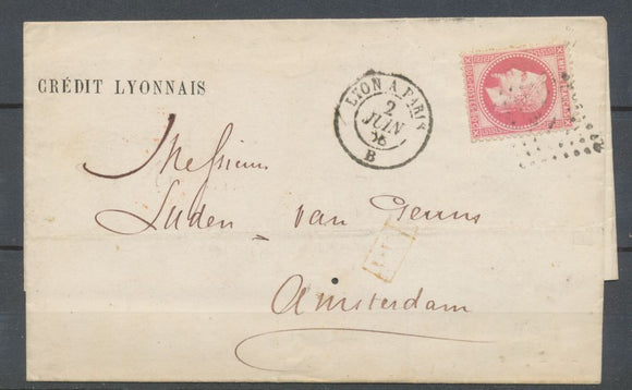 1868 Lettre N°32 80c rose pour Amsterdam CAD Ambulant Lyon à Paris B. TB N3915